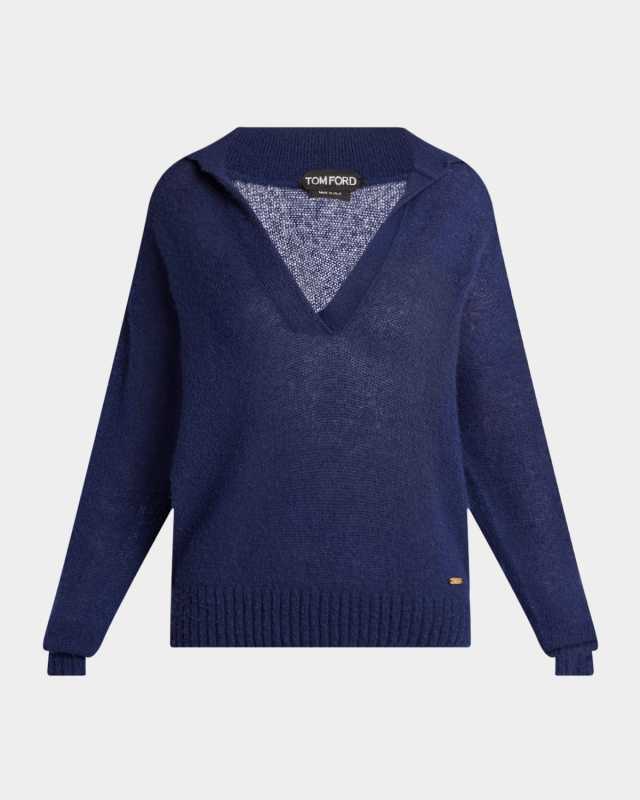 V-Neck Cashmere-Silk Oversized Polo Sweater